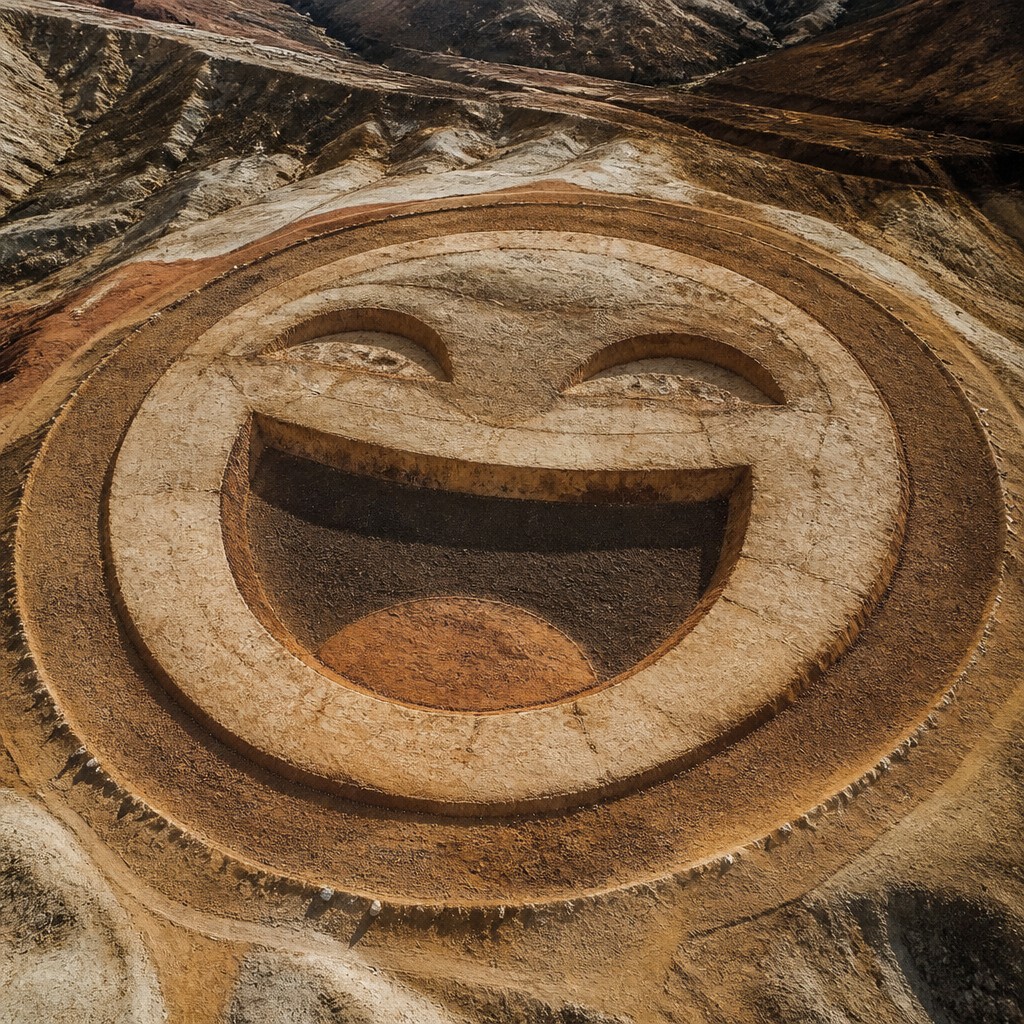 an exaggerated laughing face of an original round mascot character, bold and readable at small size, plain background, no text — Land Art Style Twitch emote