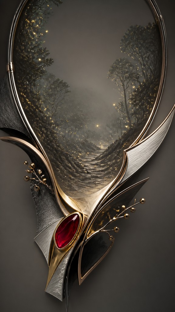 a mysterious forest path with fireflies and drifting mist, atmospheric vertical composition with open space at the top, no text — Modern Contemporary Jewelry Design book cover