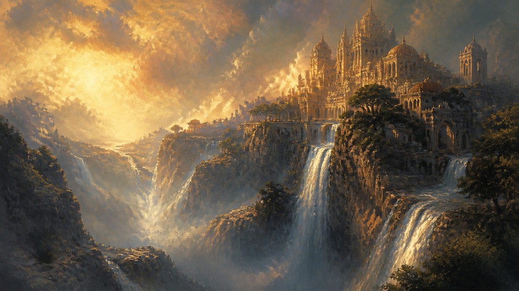 a cliffside city with waterfalls cascading into a misty canyon, wide establishing shot, no people, no text — Neo-Romanticism Art Style concept art