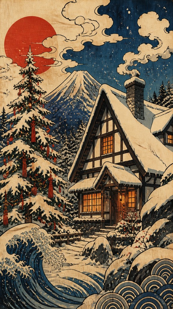 a snow-covered cottage with warm glowing windows beside a decorated pine tree, gentle snowfall, no text — Ukiyo-e Anime Fusion Portrait Christmas card
