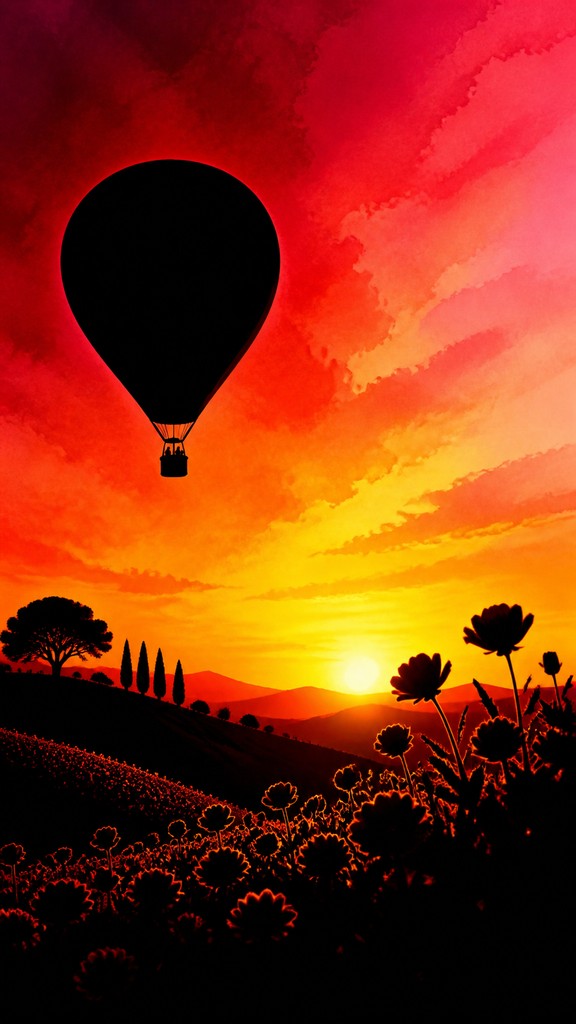 a hot air balloon drifting over rolling flower fields on a sunny day, cheerful, no text — Sunset Silhouette Art Style greeting card