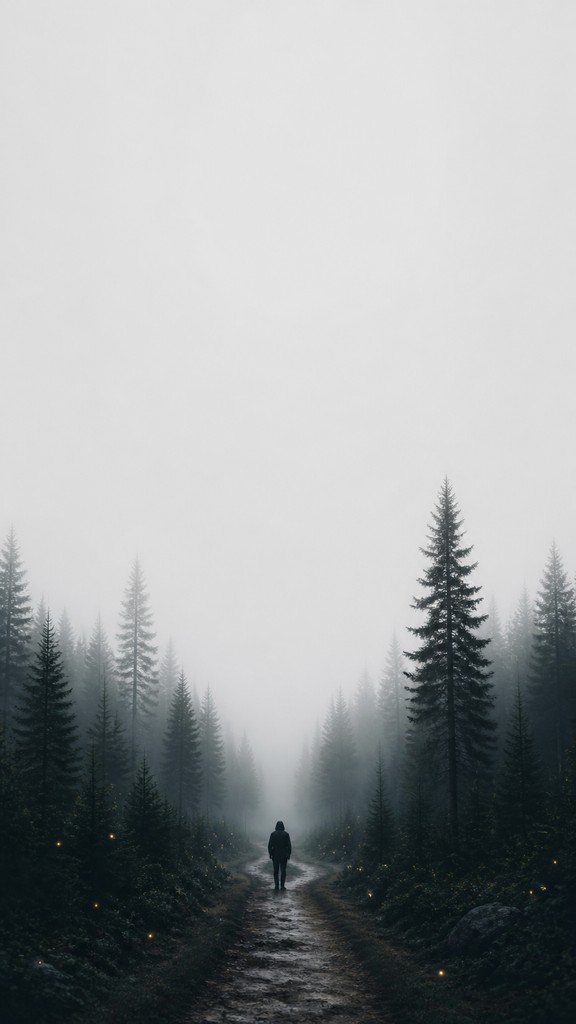 a mysterious forest path with fireflies and drifting mist, atmospheric vertical composition with open space at the top, no text — Minimalist Photography Style book cover