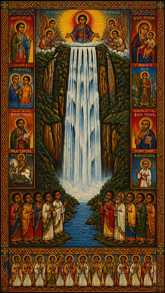 towering waterfall cascading down a cliff — Ethiopian Art Style