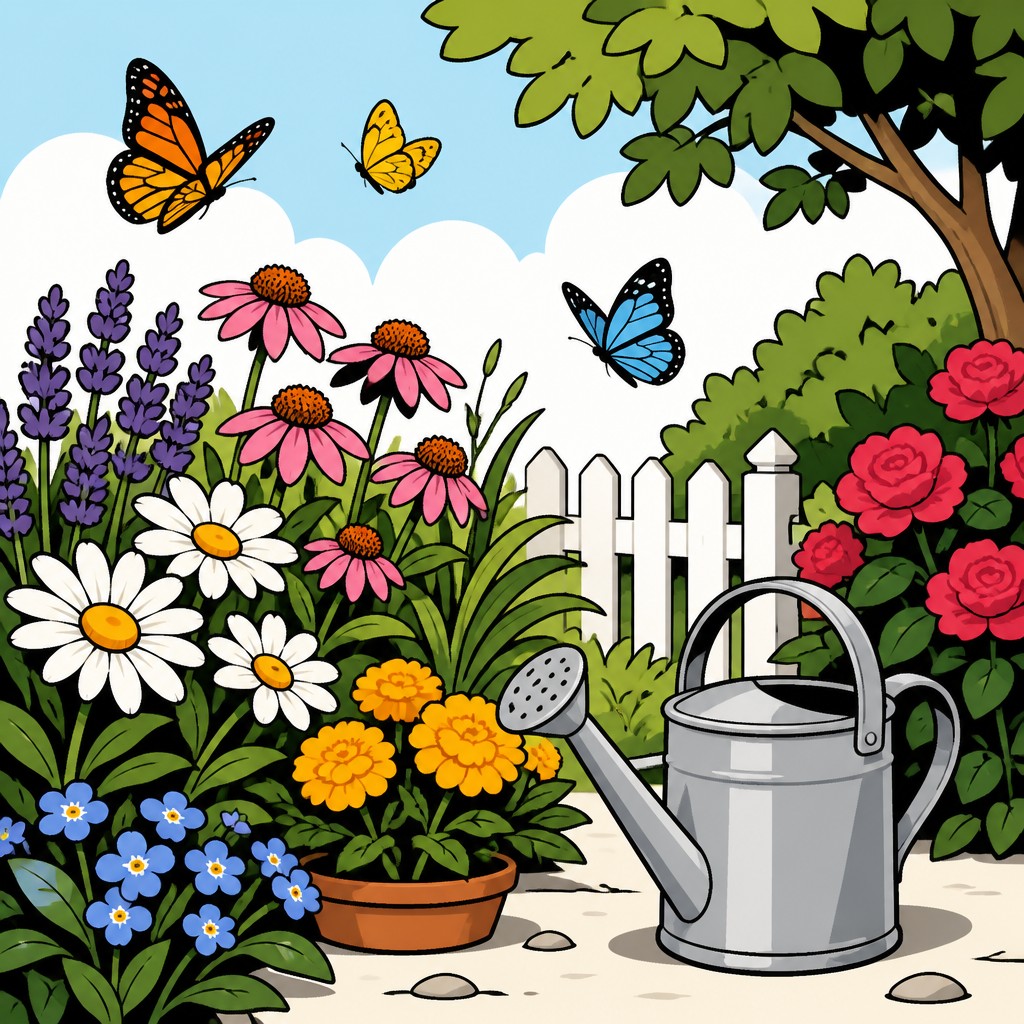 a garden scene with butterflies, flowers and a watering can, clean uncolored line art, no text — Webcomic Art coloring page
