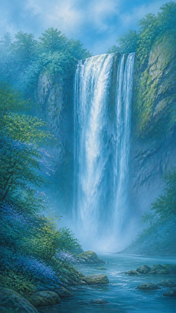 towering waterfall cascading down a cliff — Color Harmony Art Style