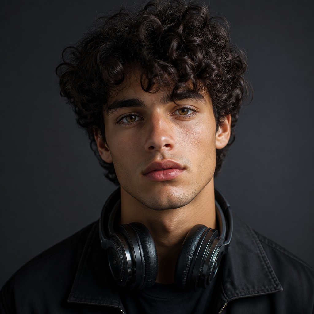 head-and-shoulders portrait of an original character: a young man with curly dark hair and headphones around his neck, plain backdrop, no text — Photorealism Art Style Discord profile picture