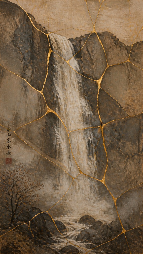towering waterfall cascading down a cliff — Wabi-Sabi Kintsugi Painting