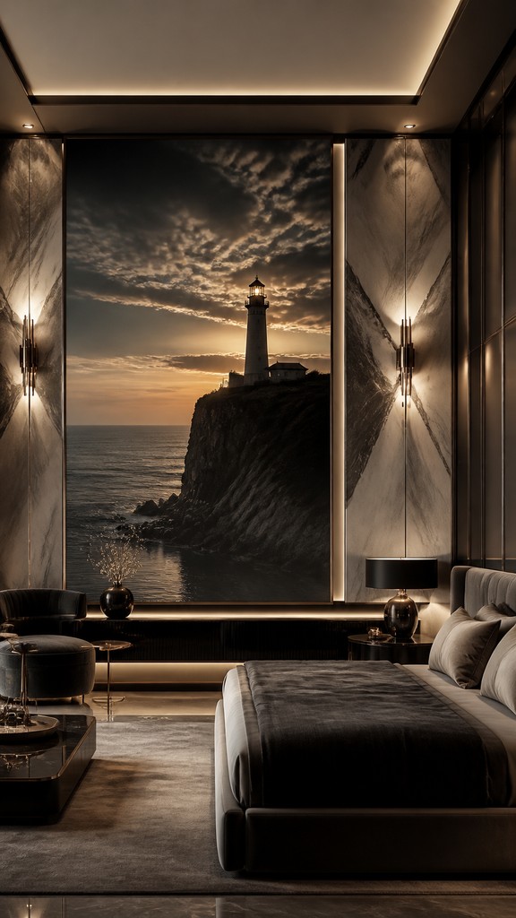 a lone lighthouse on a cliff at dusk under a dramatic sky, no text or lettering — Contemporary Luxe Interior Design poster