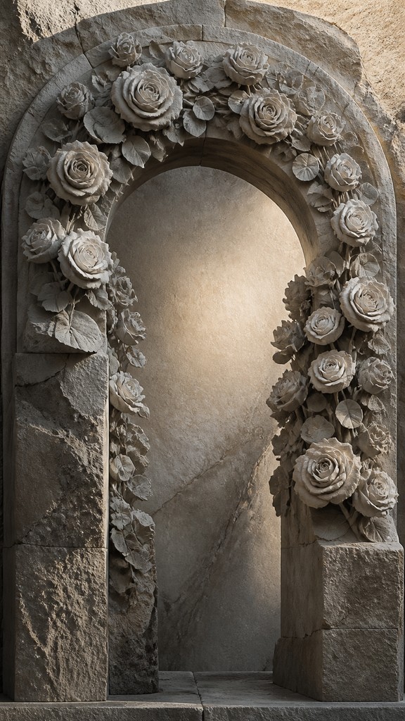 an arch of white roses and eucalyptus in soft morning light, elegant vertical composition with open space, no text — Stone Carving Sculpture Art Style wedding invitation