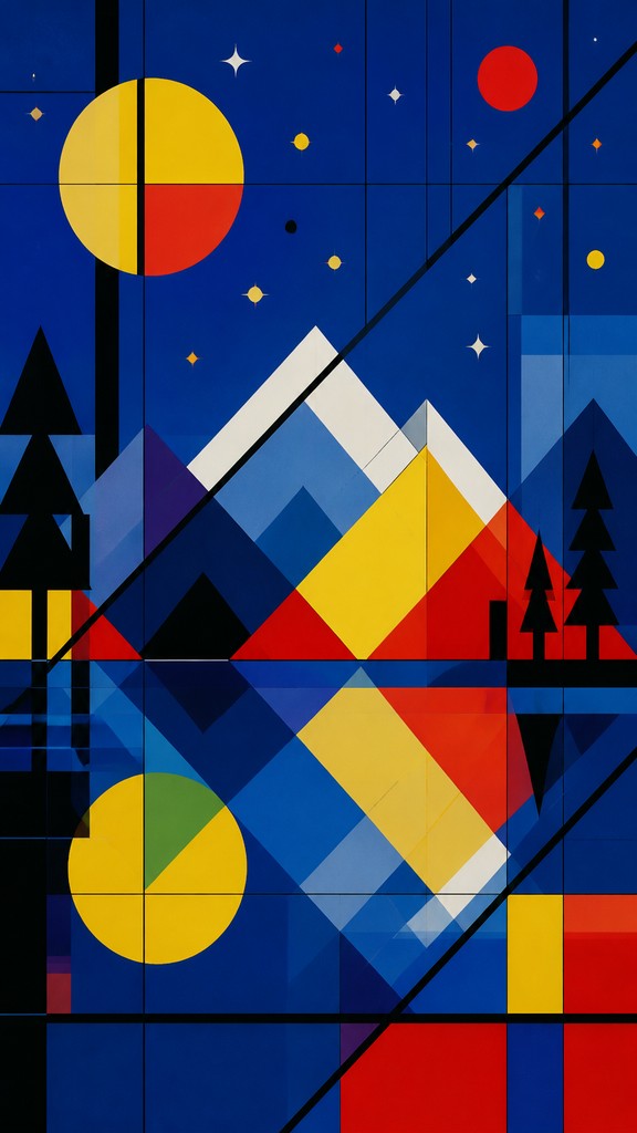 a tranquil mountain lake beneath a starry night sky, no people, no text — Bauhaus Geometric Art phone wallpaper