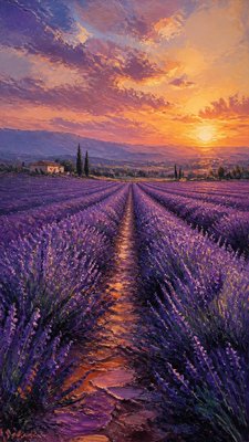 a field of lavender stretching to distant hills at dusk, no people — Digital Painting Art Style wallpaper