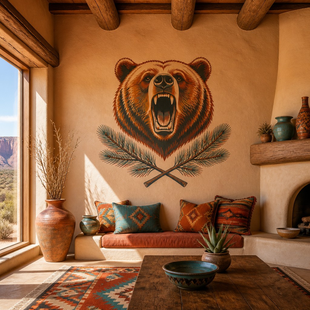a roaring bear head above crossed pine branches, bold graphic composition on a plain background, no text — Southwestern Interior Design t-shirt design