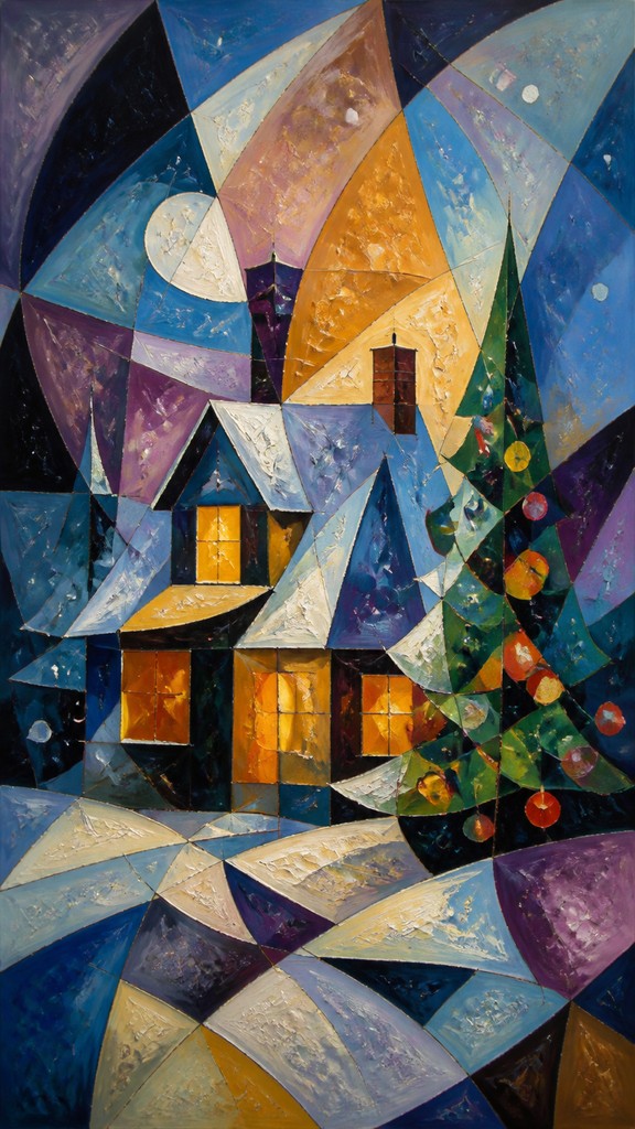 a snow-covered cottage with warm glowing windows beside a decorated pine tree, gentle snowfall, no text — Abstract Still Life Art Style Christmas card
