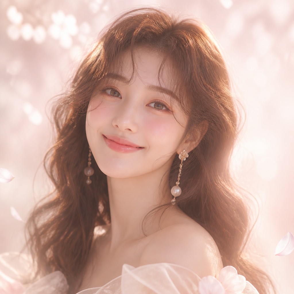 head-and-shoulders portrait of an original character: a young woman with wavy chestnut hair and a warm smile, plain soft backdrop — Light Feminine Aesthetic profile picture
