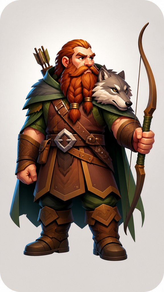full-body original character: a dwarven ranger with a braided auburn beard, worn leather armor, a longbow and a wolf-pelt cloak, neutral background, no text — Gradient Icon Design tabletop character portrait