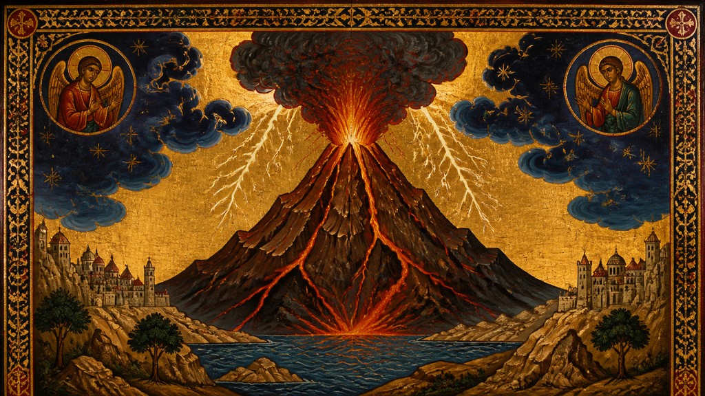 an erupting volcano with lightning strikes, dramatic wide composition, no text — Orthodox Icon Religious Art YouTube thumbnail