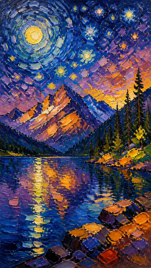 a tranquil mountain lake beneath a starry night sky, no people, no text — Fauvist Impressionism Art Style phone wallpaper
