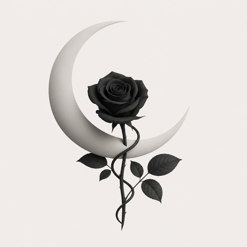 a rose entwined with a crescent moon, clean balanced composition on a plain background, no text — Modern Minimalist Furniture Art tattoo design