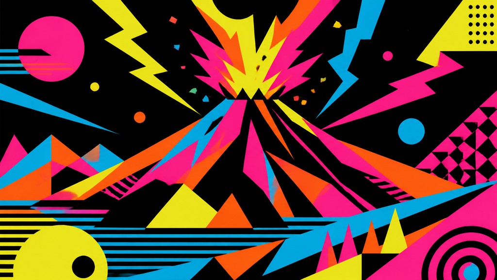 an erupting volcano with lightning strikes, dramatic wide composition, no text — Neo-Geo Art Style YouTube thumbnail