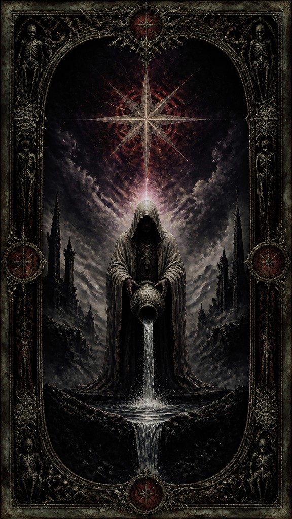 a robed figure pouring water beneath a large eight-pointed star in a night sky, symmetrical composition with an ornate decorative border, no text — Dark Fantasy Art tarot card