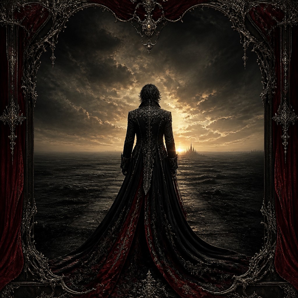 a solitary figure walking toward a glowing horizon across an empty plain, moody atmosphere, no text or lettering — Gothic Fashion Design album cover
