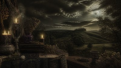 rolling hills with scattered trees under a big dramatic sky, no people — Witchcore Aesthetic wallpaper