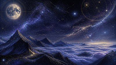 a wide alpine ridge above a sea of clouds, no people — Celestial Aesthetic wallpaper