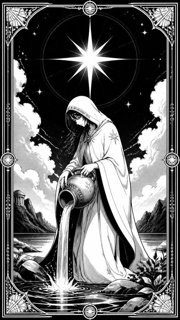 a robed figure pouring water beneath a large eight-pointed star in a night sky, symmetrical composition with an ornate decorative border, no text — Manga Art Style tarot card