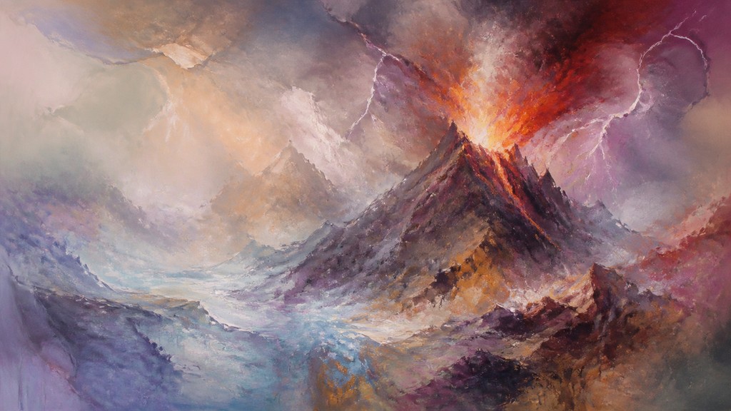 an erupting volcano with lightning strikes, dramatic wide composition, no text — Lyrical Abstraction Art Style YouTube thumbnail