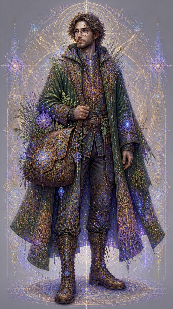 full-body original character: a wandering botanist with a satchel of plants, a patched green cloak, tall boots and round glasses, neutral background — Visionary Art Style character design
