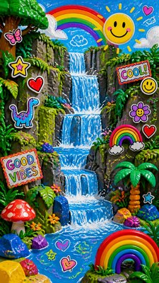 a cascading waterfall in a lush green gorge, no people — Kidcore Aesthetic wallpaper