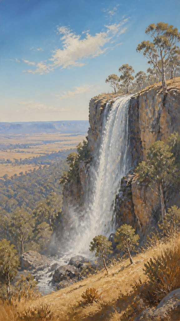 towering waterfall cascading down a cliff — Australian Art Style