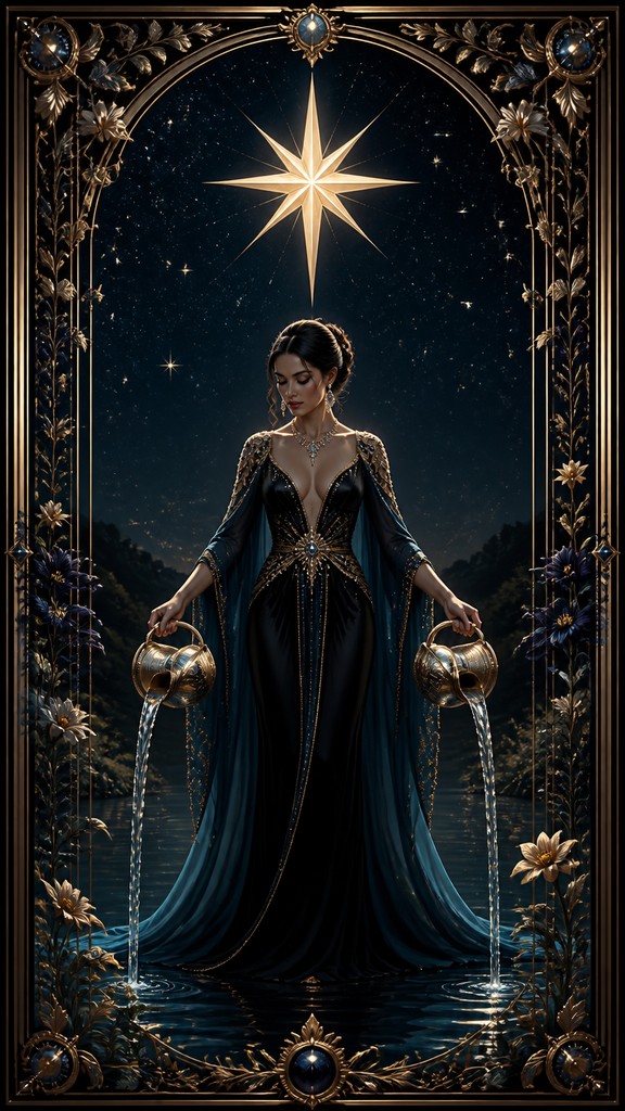 a robed figure pouring water beneath a large eight-pointed star in a night sky, symmetrical composition with an ornate decorative border, no text — Formal Evening Wear Fashion tarot card