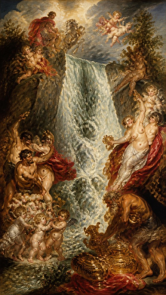 towering waterfall cascading down a cliff — Antwerp Baroque Art Style
