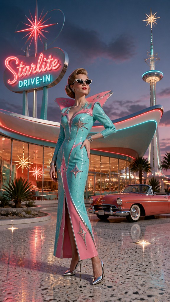 full-length portrait of an elegant figure — Googie Architecture