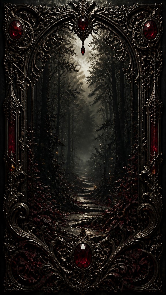 a mysterious forest path with fireflies and drifting mist, atmospheric vertical composition with open space at the top, no text — Gothic Jewelry Design book cover