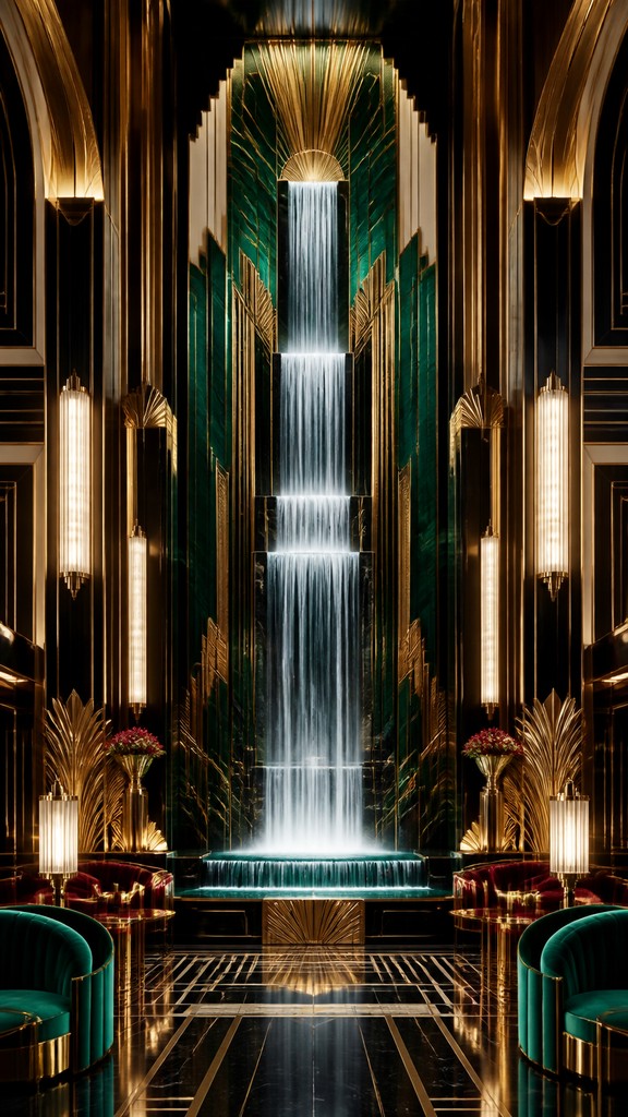 towering waterfall cascading down a cliff — Art Deco Interior Design