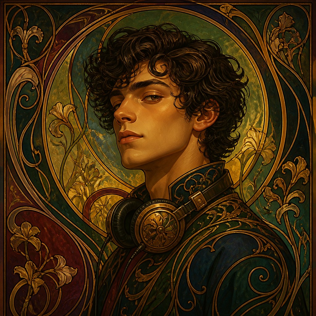 head-and-shoulders portrait of an original character: a young man with curly dark hair and headphones around his neck, plain backdrop, no text — Art Nouveau Architecture Art Discord profile picture