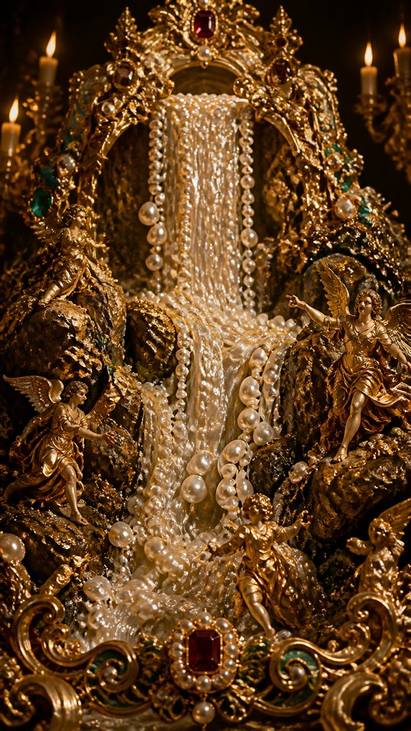 towering waterfall cascading down a cliff — Baroque Jewelry Style