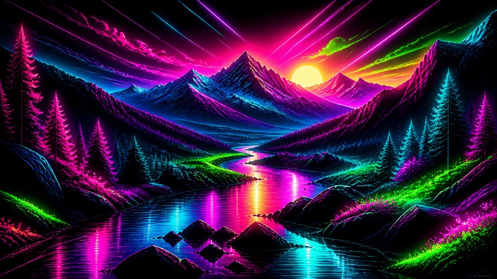 a vast valley with a river winding toward distant mountains at sunrise, no people, no text — Neon Pop Art Style desktop wallpaper