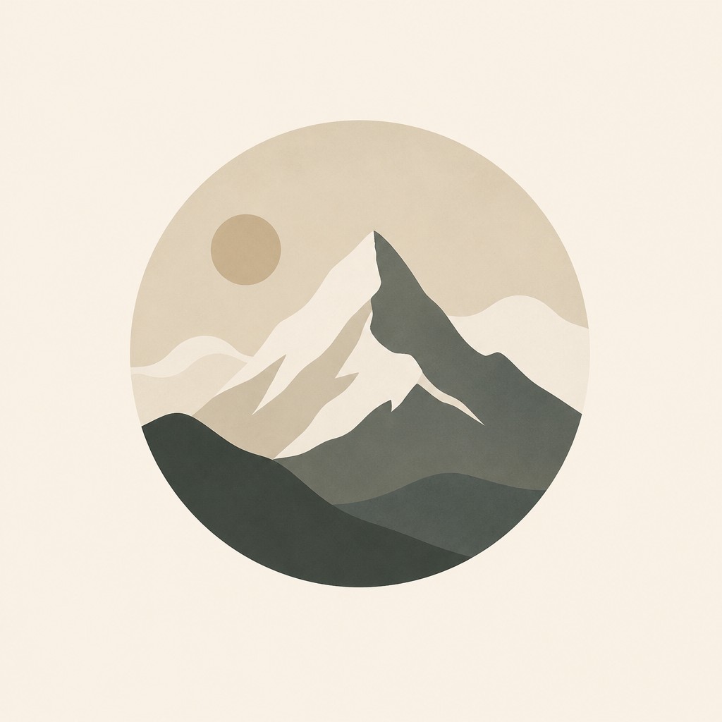 an emblem of a mountain peak inside a circle, simple bold shapes on a plain background, no text or lettering — Minimalist Nature Art logo concept