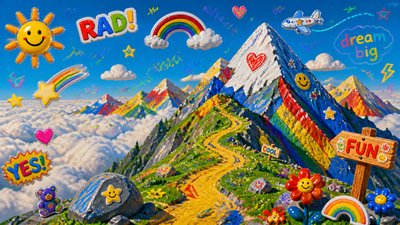 a wide alpine ridge above a sea of clouds, no people — Kidcore Aesthetic wallpaper