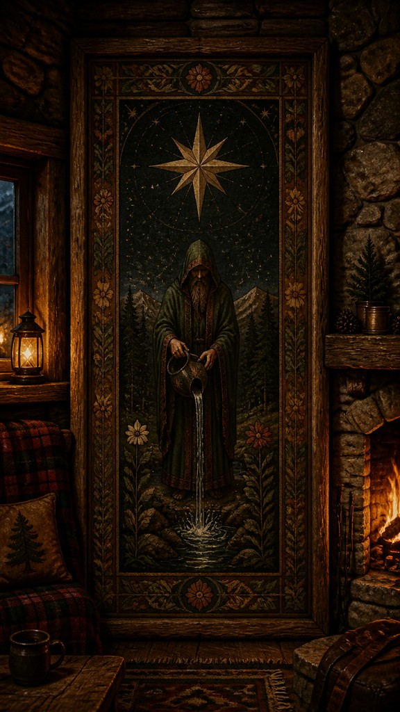 a robed figure pouring water beneath a large eight-pointed star in a night sky, symmetrical composition with an ornate decorative border, no text — Rustic Cabin Interior Design tarot card