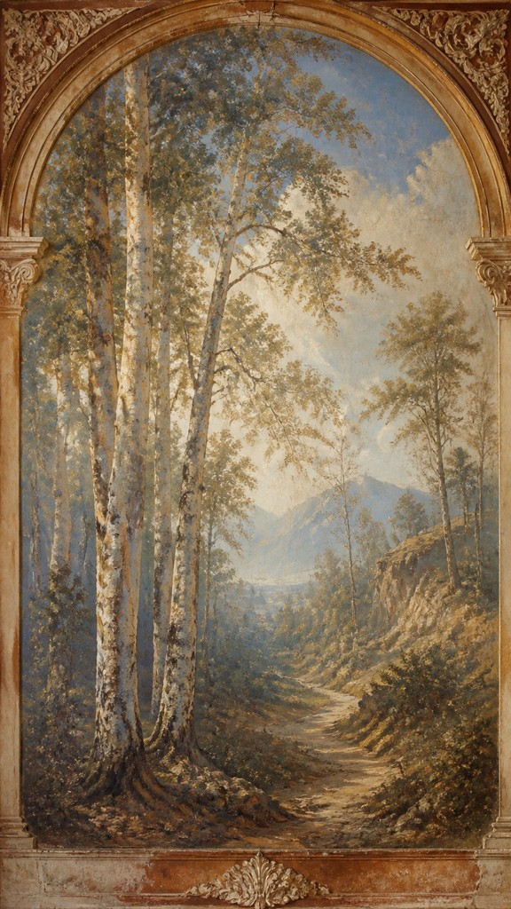 a serene birch forest in soft morning light, no people, no text — Fresco Narrative Renaissance Art Style wall art print