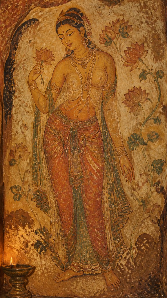 full-length portrait of an elegant figure — Ancient Indian Mural Art Style