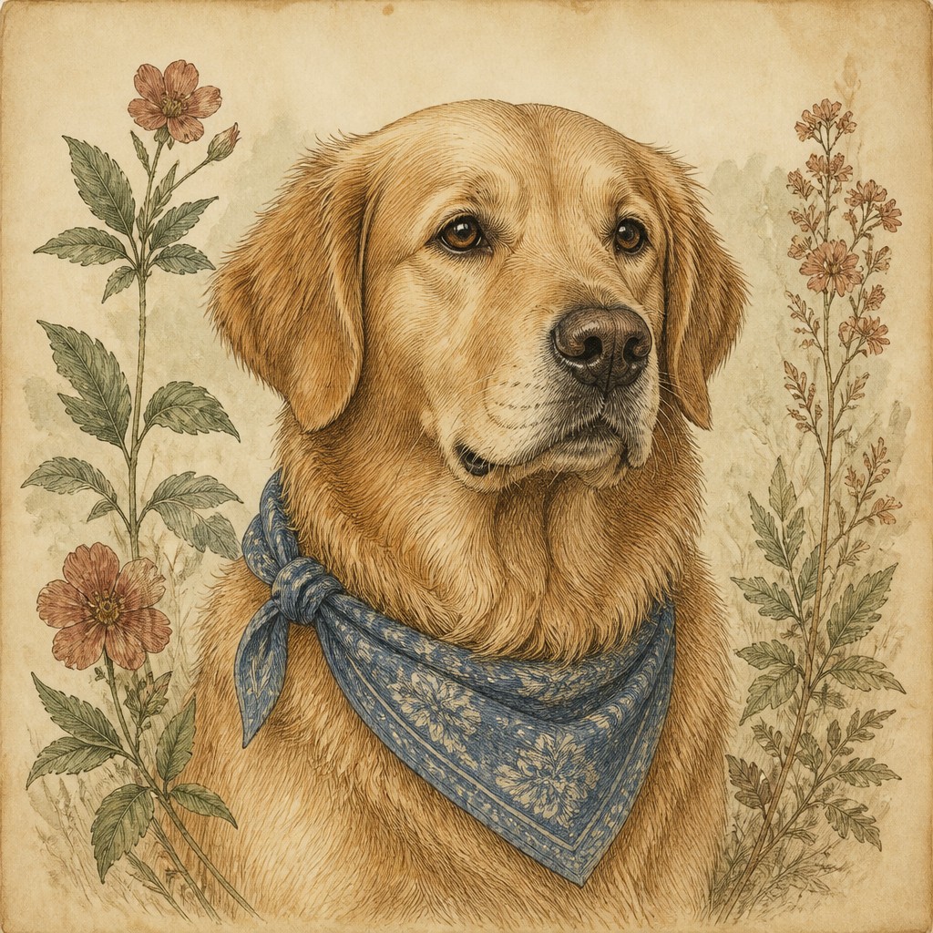 portrait of a golden retriever wearing a blue bandana, warm plain backdrop, no text — Botanical Nature Art pet portrait