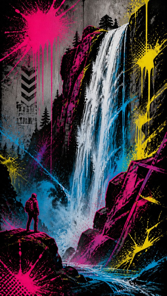 towering waterfall cascading down a cliff — Graffiti Modern Art Style