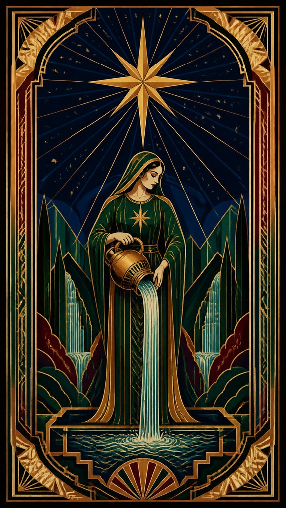 a robed figure pouring water beneath a large eight-pointed star in a night sky, symmetrical composition with an ornate decorative border, no text — Art Deco Poster Design tarot card