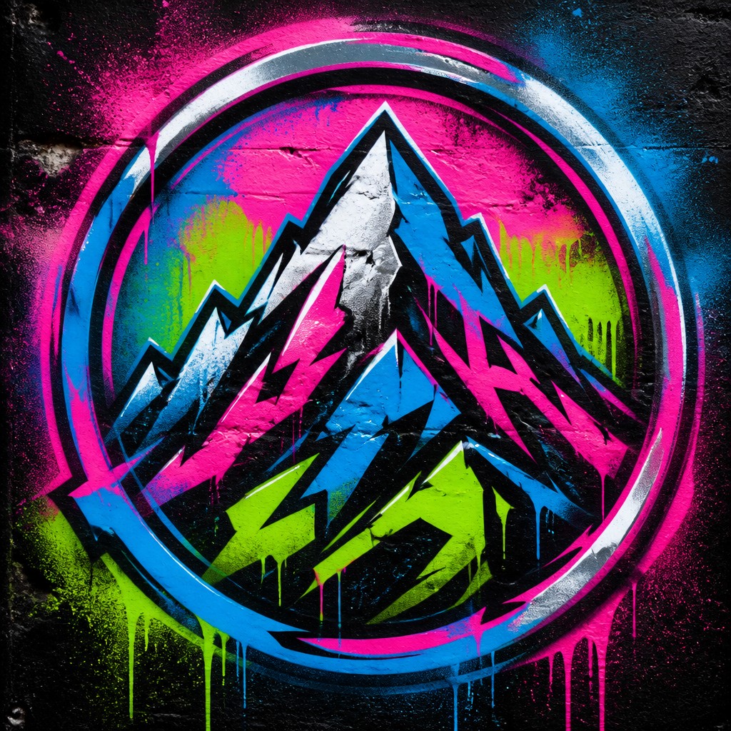 an emblem of a mountain peak inside a circle, simple bold shapes on a plain background, no text or lettering — Graffiti Art Style logo concept