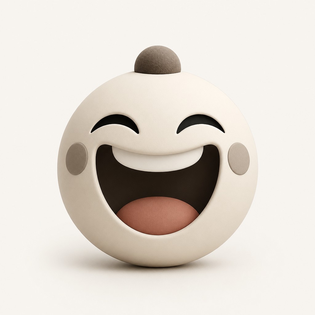 an exaggerated laughing face of an original round mascot character, bold and readable at small size, plain background, no text — Minimalist Fashion Design Twitch emote